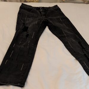 Joseph Ribkoff Black Distressed Straight Leg Jeans with studded bling